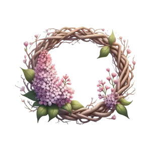 Woven Vine Wreath with Pink Lilac Flowers and Green Leaves