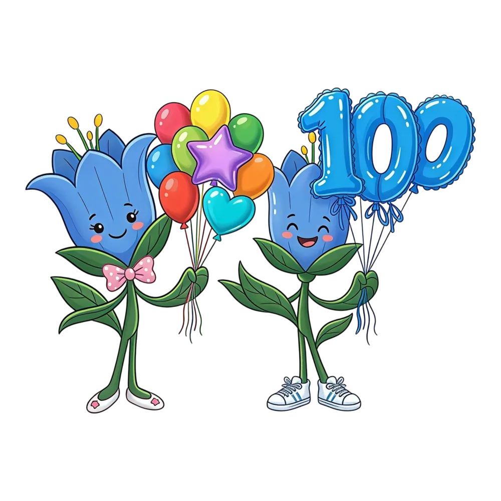 Cute Cartoon Flowers Holding Balloons and Number 100 Balloon