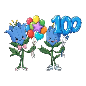 Cute Cartoon Flowers Holding Balloons and Number 100 Balloon