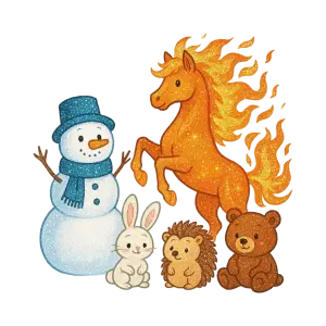 Glittery Cartoon Snowman, Fire Horse, Rabbit, Hedgehog, and Bear Characters