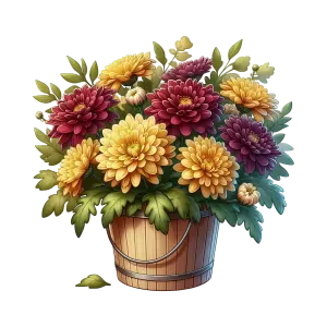Colorful Chrysanthemums Bouquet in Wooden Bucket