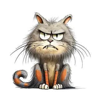 Grumpy Cartoon Cat with Striped Tail and Orange Patches