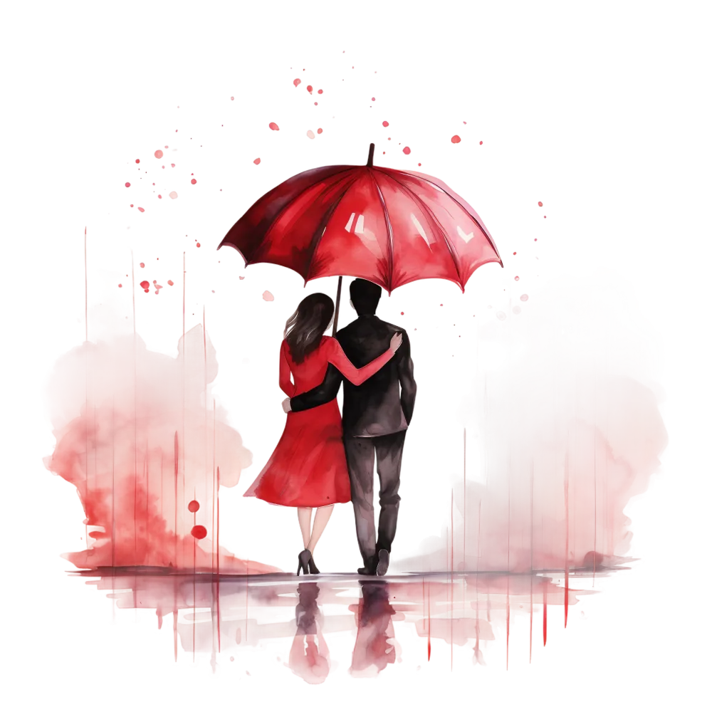 Romantic Couple Walking Under Red Umbrella in Rain
