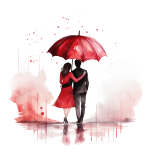 Romantic Couple Walking Under Red Umbrella in Rain