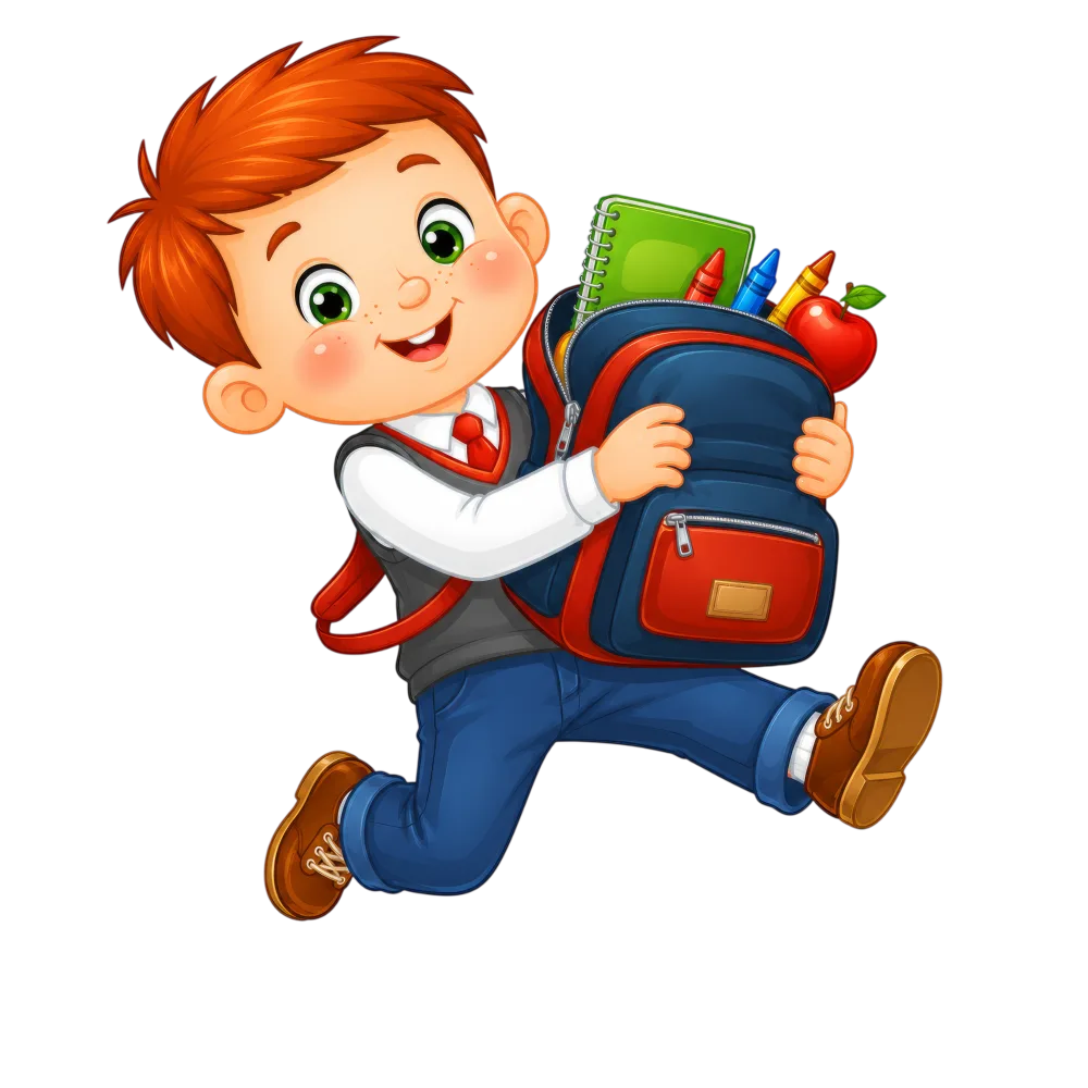 Happy Schoolboy Running with Backpack Full of Supplies