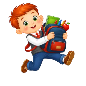 Happy Schoolboy Running with Backpack Full of Supplies