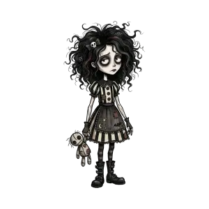 Gothic Sad Girl Holding Rag Doll Illustration