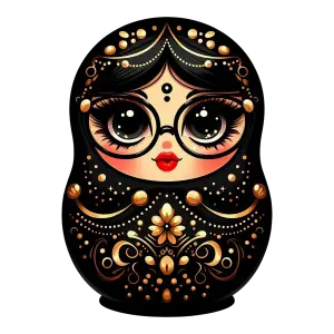 Decorative Russian Matryoshka Doll with Glasses and Gold Patterns