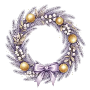 Elegant Purple Christmas Wreath with Gold Decorations and Lavender Bow