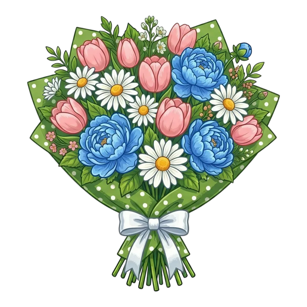Bouquet of Blue Peonies, Pink Tulips, and White Daisies with Green Polka Dot Wrap