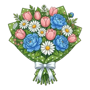 Bouquet of Blue Peonies, Pink Tulips, and White Daisies with Green Polka Dot Wrap