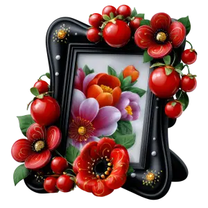 Decorative Black Photo Frame with Red and Orange Flowers