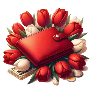 Red Wallet with Cash, Coins and Red and White Tulips