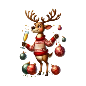 Festive Reindeer in Christmas Sweater Holding Champagne with Ornaments