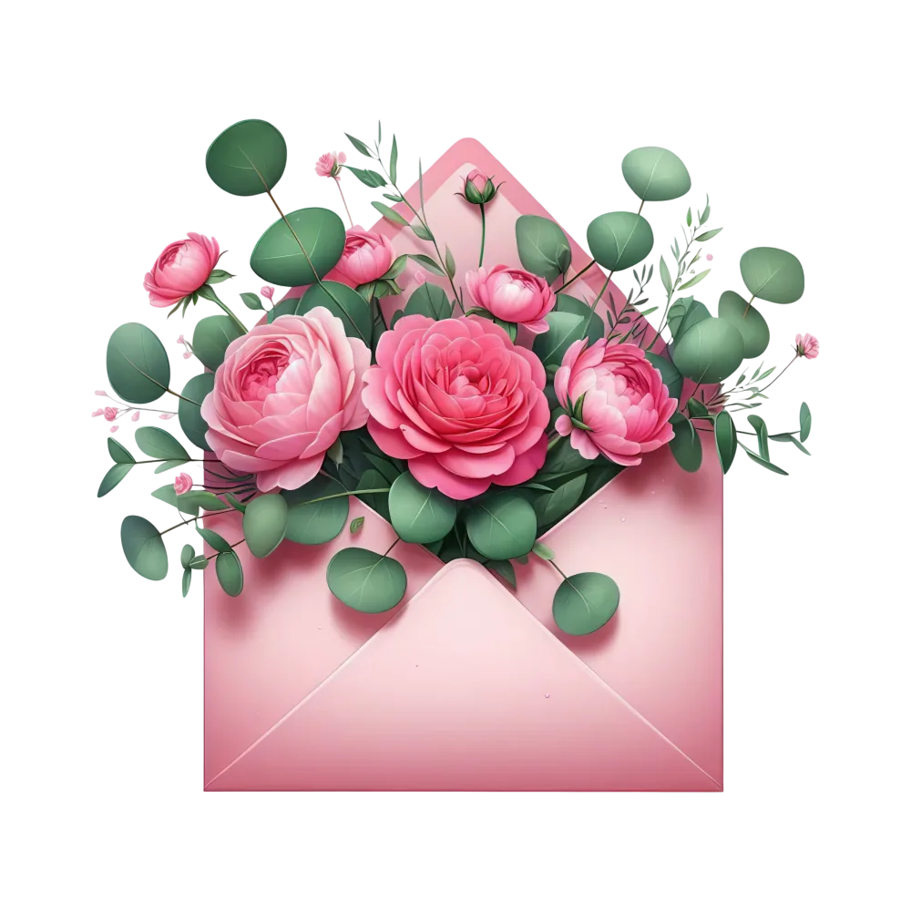 Pink Envelope with Pink Flowers and Green Leaves