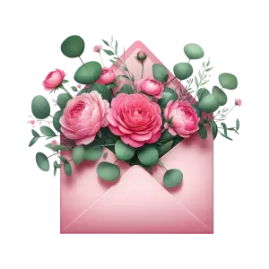 Pink Envelope with Pink Flowers and Green Leaves