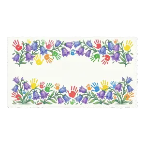 Floral Border with Colorful Handprints and Bluebell Flowers
