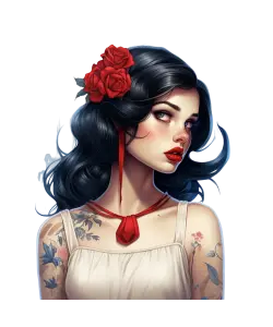 Portrait of Woman with Black Hair, Red Roses, and Floral Tattoos