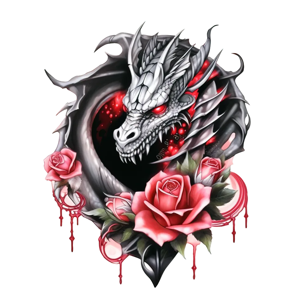 Fierce White Dragon with Red Eyes and Blooming Roses