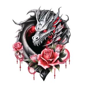 Fierce White Dragon with Red Eyes and Blooming Roses