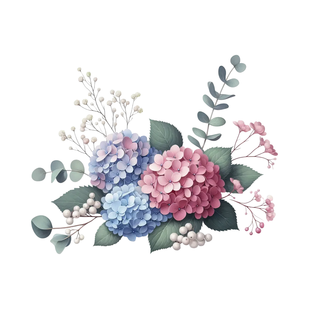 Blue and Pink Hydrangea Floral Arrangement with Greenery