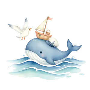 Cute Cartoon Whale with Sailboat and Seagull