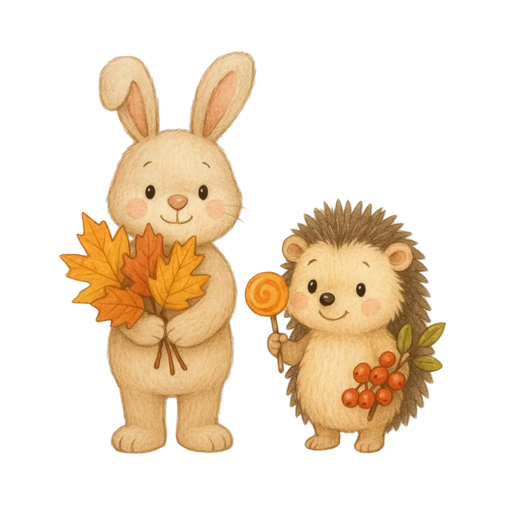 Cute Autumn Bunny and Hedgehog Holding Leaves and Berries