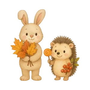 Cute Autumn Bunny and Hedgehog Holding Leaves and Berries