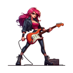 Cartoon Female Rock Musician Playing Electric Guitar