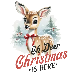 Cute Christmas Deer Illustration with Festive Red Bow and Snow