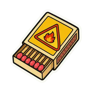 Open Matchbox with Red-Headed Matches and Flame Warning Symbol