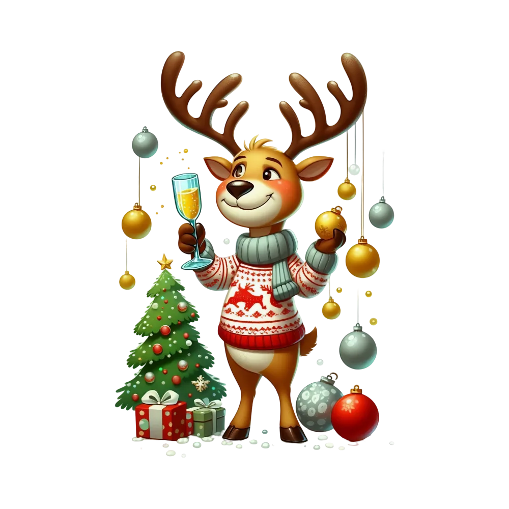 Cartoon Reindeer Celebrating Christmas with Ornaments and Gifts