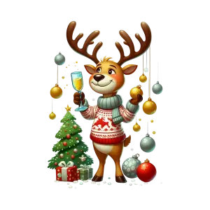 Cartoon Reindeer Celebrating Christmas with Ornaments and Gifts