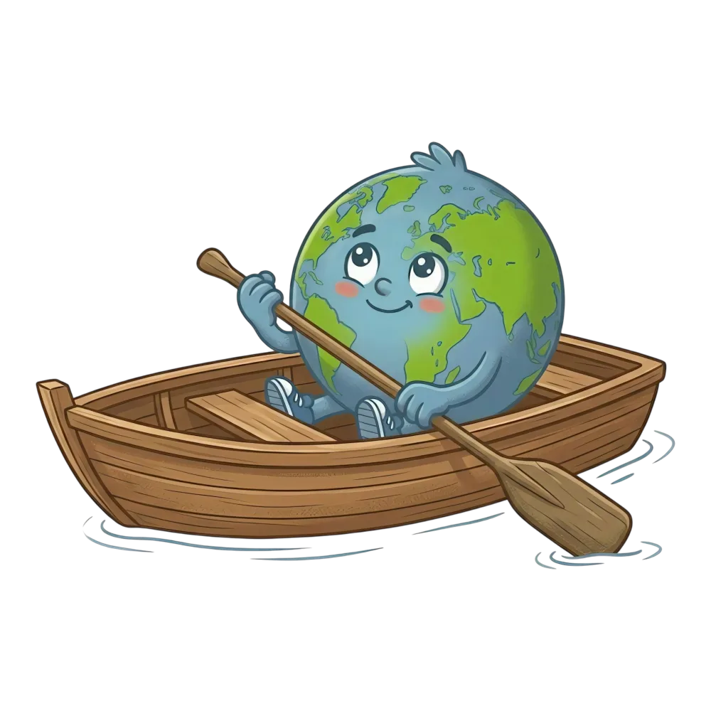 Cute Earth Character Rowing Wooden Boat