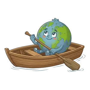 Cute Earth Character Rowing Wooden Boat