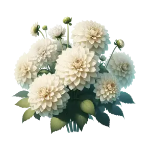 Cluster of White Dahlia Flowers with Green Leaves