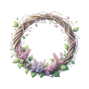 Floral Wreath with Purple and Pink Lilacs and Green Leaves