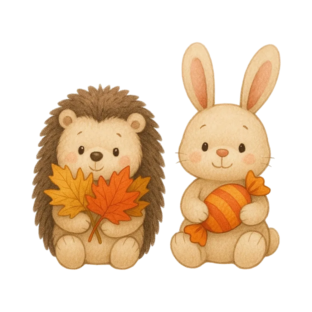 Cute Hedgehog and Bunny with Autumn Leaves and Candy