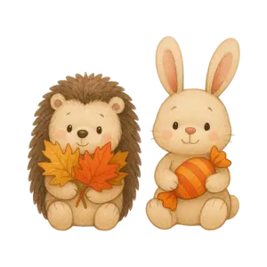 Cute Hedgehog and Bunny with Autumn Leaves and Candy