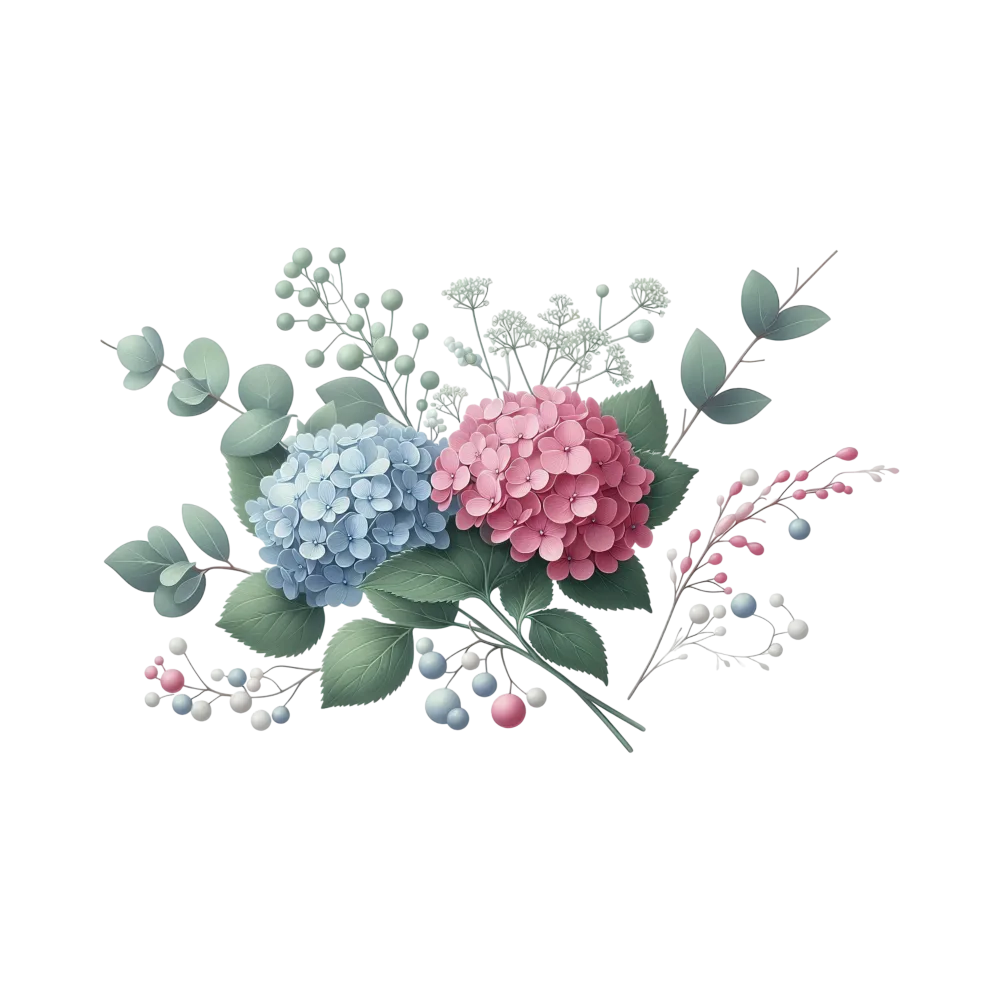 Blue and Pink Hydrangea Floral Arrangement with Green Leaves and Berries