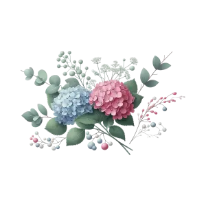 Blue and Pink Hydrangea Floral Arrangement with Green Leaves and Berries
