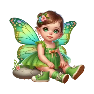 Cute Fairy Baby Girl with Green Wings and Dress Sitting