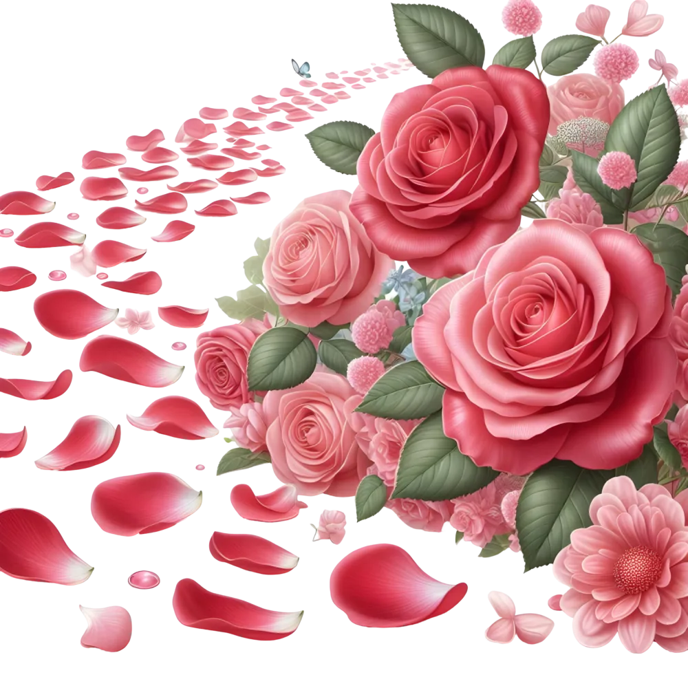 Pink and Red Roses with Scattered Petals on Transparent Background