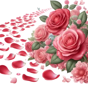 Pink and Red Roses with Scattered Petals on Transparent Background