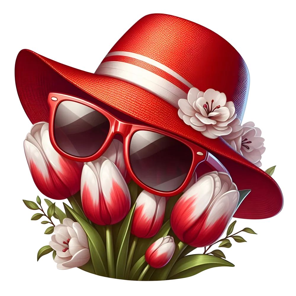 Red Hat and Sunglasses with Red and White Tulips