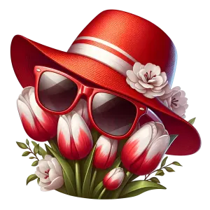 Red Hat and Sunglasses with Red and White Tulips