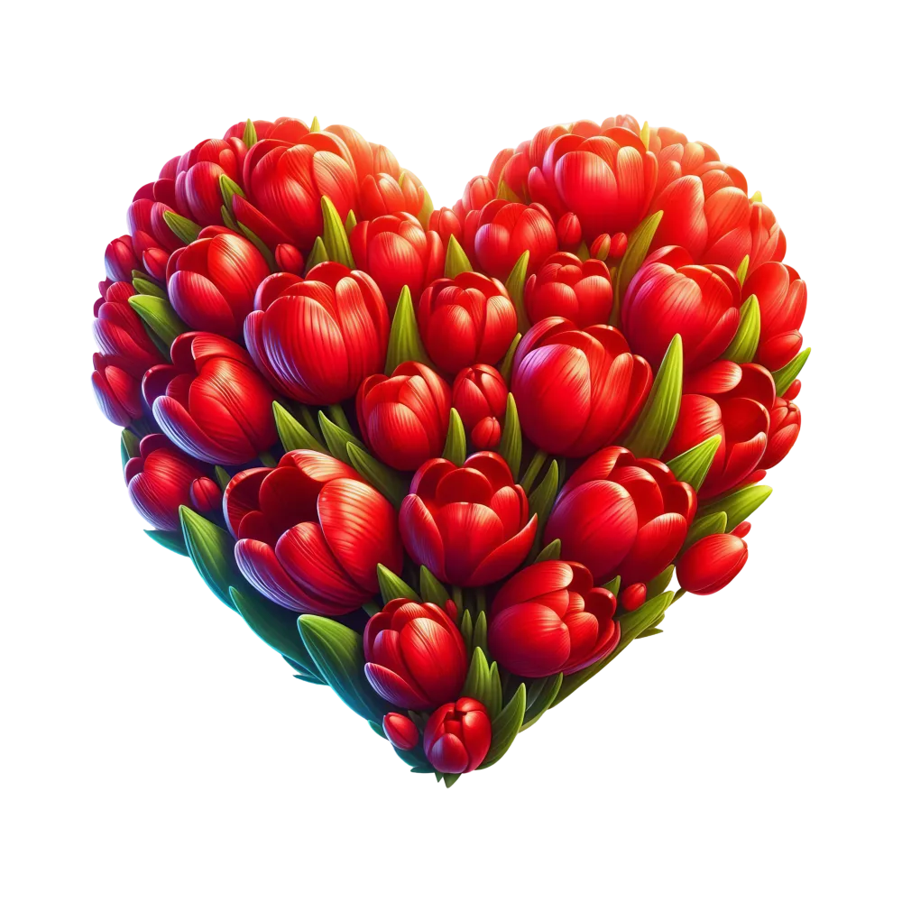 Heart-Shaped Bouquet of Red Tulips with Green Leaves