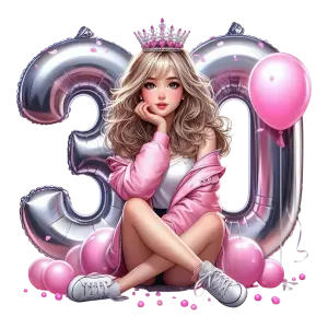 Young Woman Celebrating 30th Birthday with Balloons and Crown
