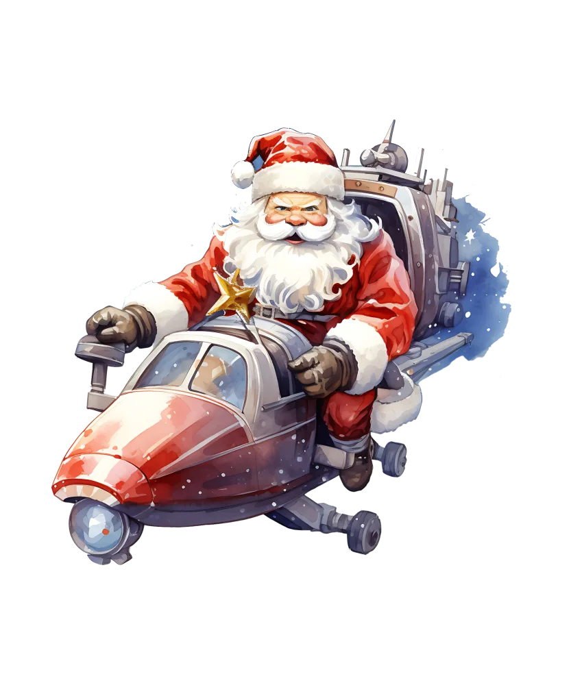 Santa Claus Flying a Retro Sleigh Jet