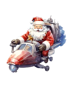Santa Claus Flying a Retro Sleigh Jet